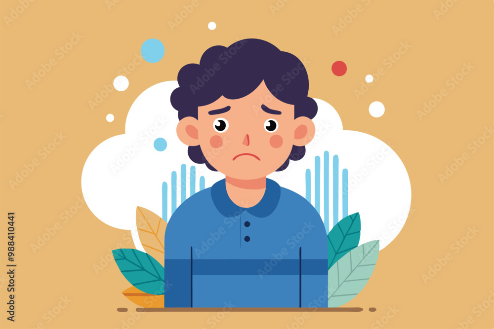 A boy looks downcast and apologetic, surrounded by colorful leaves and abstract shapes, conveying a sense of remorse and contemplation in a vibrant setting. A boy looks downcast and apologetic, surrounded by colorful leaves and abstract shapes, conveying a sense of remorse and contemplation in a vibrant setting.