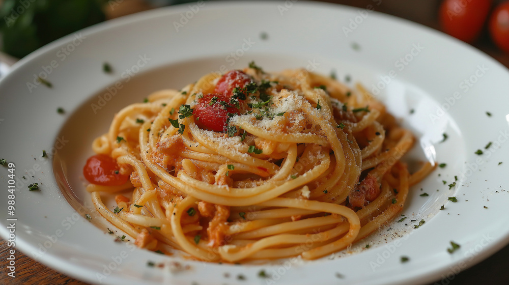 Pasta with gricia in white plate at the restaurant Pasta with gricia in white plate at the restaurant