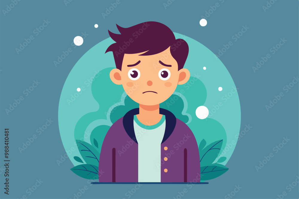 A young person expresses sorrow while surrounded by foliage in a serene, colorful environment. A young person expresses sorrow while surrounded by foliage in a serene, colorful environment.