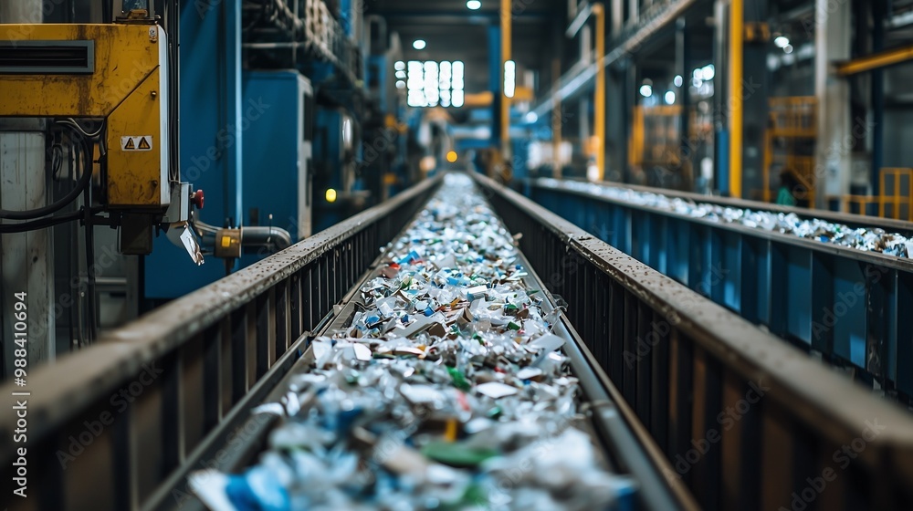 Industrial recycling system with automated conveyor belt sorting waste, highlighting efficiency and automation. Industrial recycling system with automated conveyor belt sorting waste, highlighting efficiency and automation.