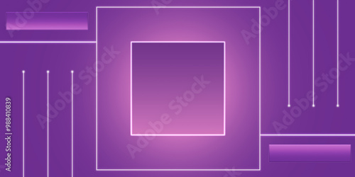 White glowing lines and squares in violet gradient background. Contemporary graphic booklet layout with text space boxes.