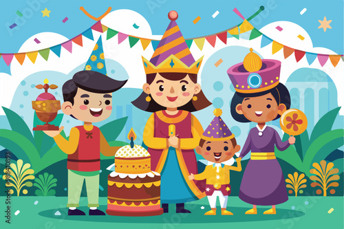 A joyful gathering features children and adults celebrating with cake, gifts, and festive attire in a lively, decorated setting with colorful decorations.