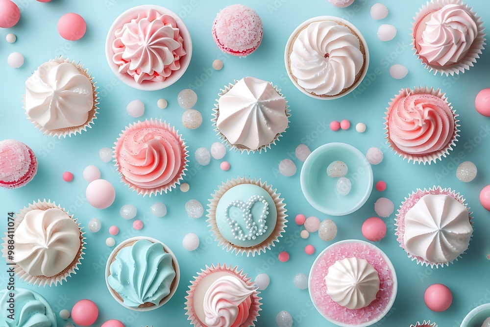 Fototapeta premium Pink and Blue Cupcakes with Sprinkles on a Blue Background