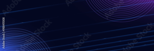 Outline of concentric circles overlapping layered rectangles with tiny sparkles. Purple navy colored abstract tech background.