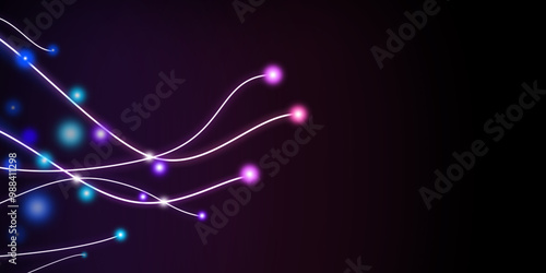 Curve light trails with colorful particles on dark purple background with space for text. Festive backdrop decoration.