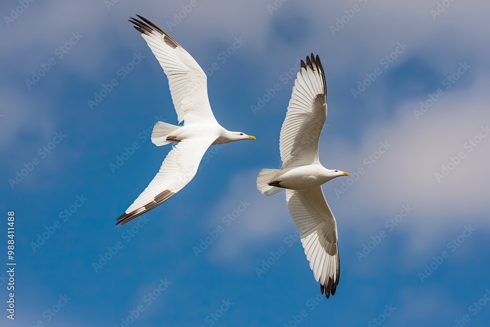 Majestic White Birds Flying Gracefully in a Clear Blue Sky Majestic White Birds Flying Gracefully in a Clear Blue Sky