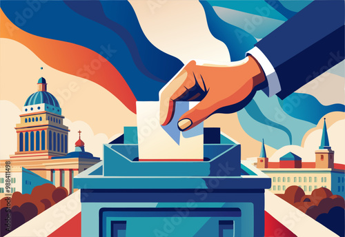 Voting and democracy concept with hand casting ballot in urban cityscape illustration