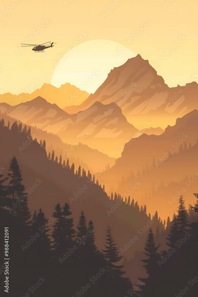 Silhouette Helicopter Flying Over Mountain Range at Sunset Silhouette Helicopter Flying Over Mountain Range at Sunset