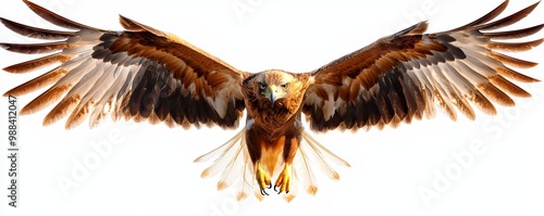 A hyper realistic close-up of a golden eagle in flight, majestic wings outstretched and piercing golden eyes scanning the horizon