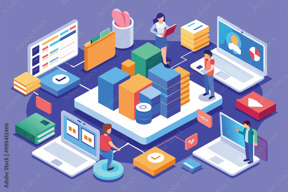 A vibrant isometric illustration depicts individuals synchronizing files on laptops, surrounded by digital resources in an engaging workspace. A vibrant isometric illustration depicts individuals synchronizing files on laptops, surrounded by digital resources in an engaging workspace.