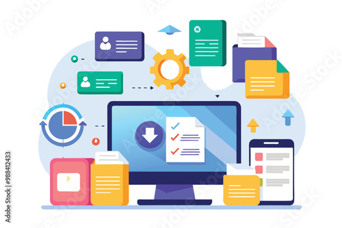 A vibrant graphic depicting file synchronization among devices featuring progress indicators and management tools in a tech environment.