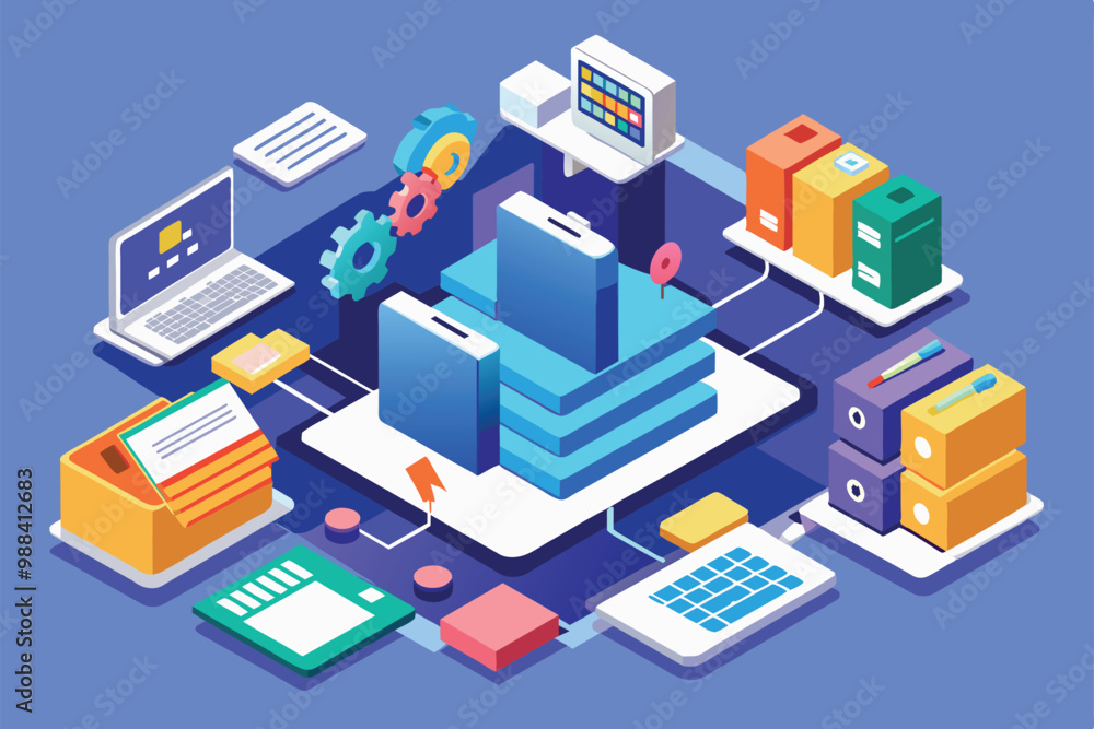 A vibrant isometric illustration showcasing customizable file synchronization with office tools, folders, and devices connected in a cohesive setup.