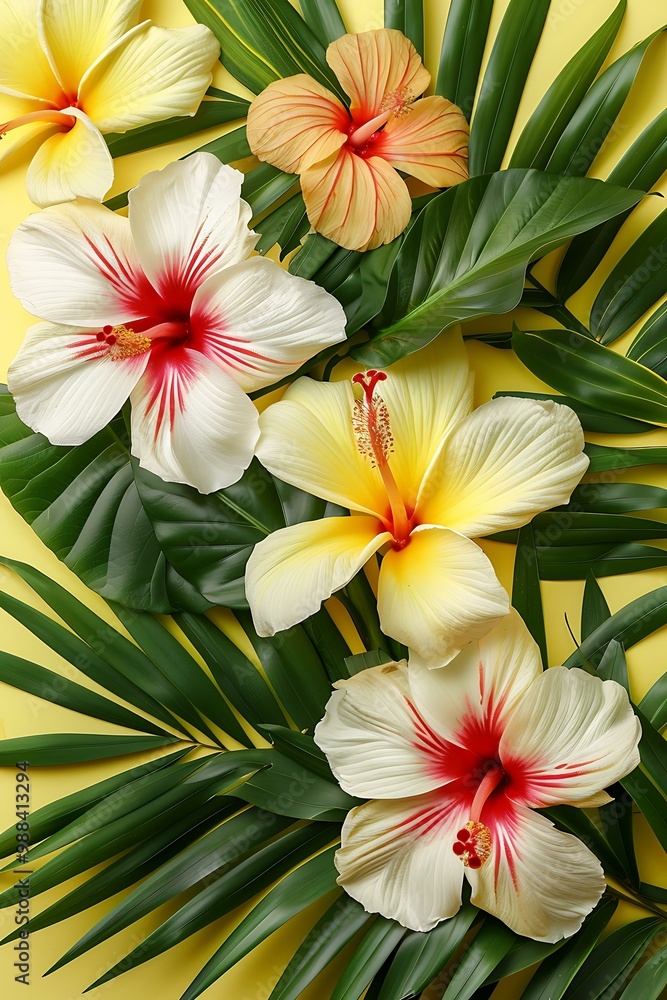 Obraz premium Tropical Flowers and Palm Leaves on Yellow Background