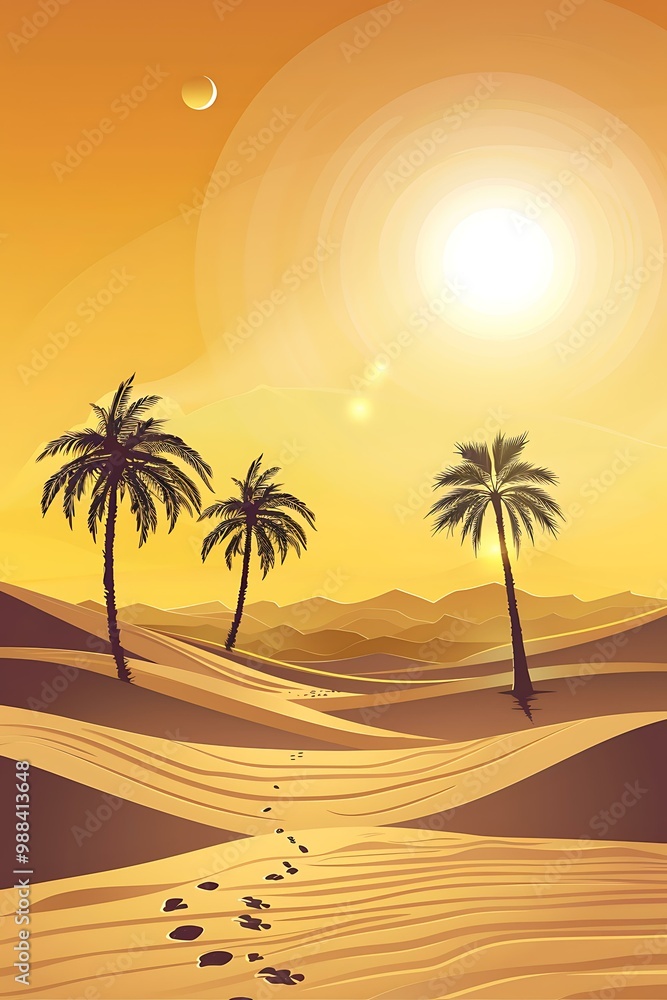Naklejka premium Desert Landscape With Palm Trees And Footprints