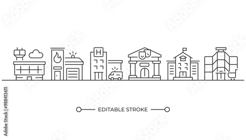 City infrastructure linear icon. Urban planning. Public services. Cityscape. Fire station, hospital and school. Thin line illustration. Contour symbol. Vector outline drawing. Editable stroke