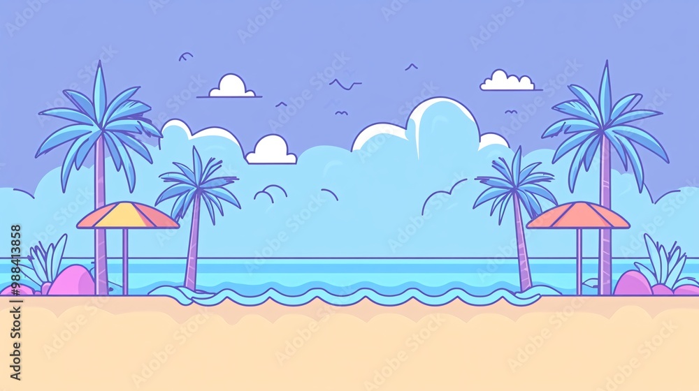 A cartoon illustration of a tropical beach with palm trees, umbrellas, and a blue ocean. A cartoon illustration of a tropical beach with palm trees, umbrellas, and a blue ocean.