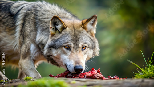 Female wolf regurgitating food in a natural setting, wolf, wildlife, animal behavior, nature photo