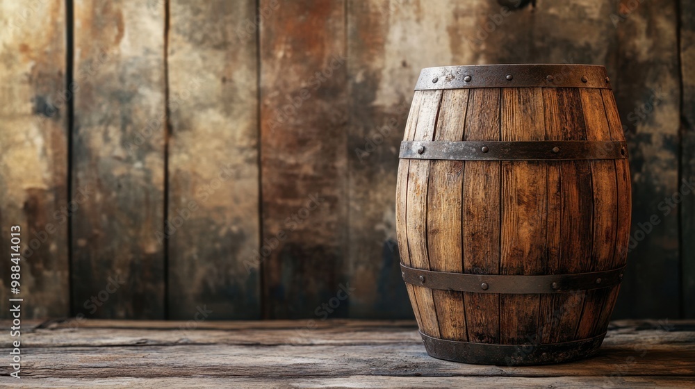 A wooden barrel standing against a rustic background with worn textures and natural wood grain A wooden barrel standing against a rustic background with worn textures and natural wood grain