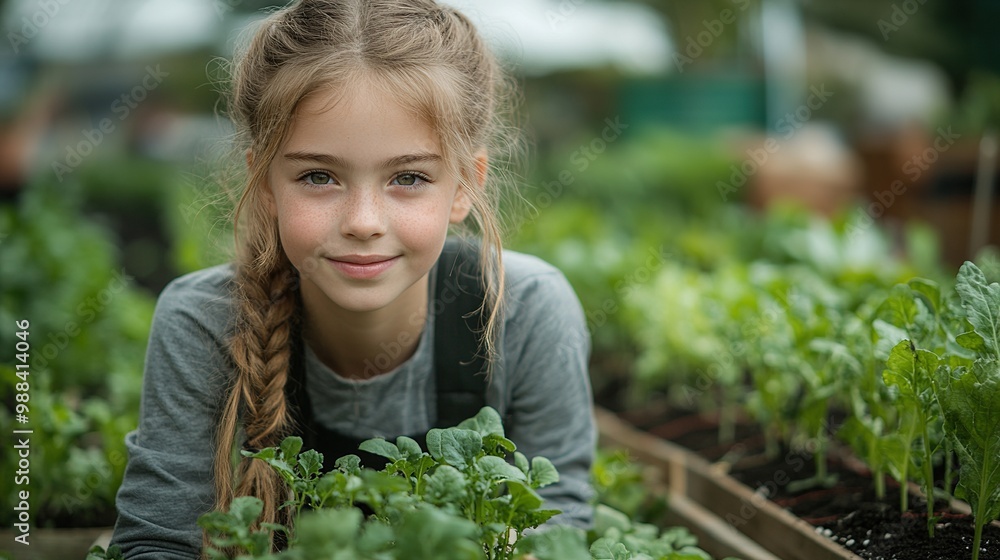 portrait of girl in gardening clothes taking care of small vegetable plants in raised bed childhood outdoors in garden portrait of girl in gardening clothes taking care of small vegetable plants in raised bed childhood outdoors in garden