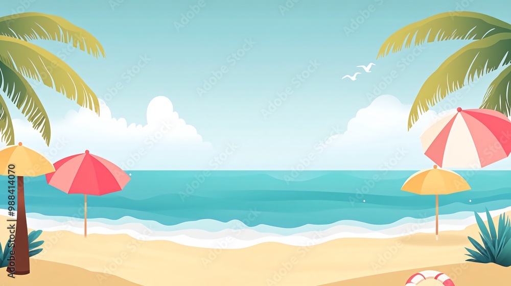A cartoon illustration of a tropical beach with palm trees, umbrellas, and a lifebuoy. A cartoon illustration of a tropical beach with palm trees, umbrellas, and a lifebuoy.