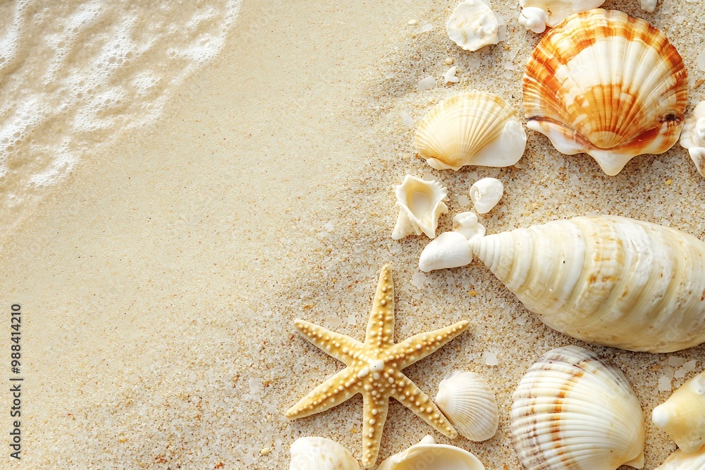 Sea Shells on Sandy Beach with Wave Sea Shells on Sandy Beach with Wave