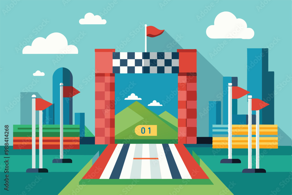 A colorful finish line design showcases an urban park setting, ready for a race with hills and clouds in the background, enhancing the event's festive atmosphere. A colorful finish line design showcases an urban park setting, ready for a race with hills and clouds in the background, enhancing the event's festive atmosphere.
