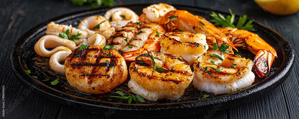 Grilled seafood platter featuring shrimp, scallops, and squid, garnished with herbs on a sizzling plate. Grilled seafood platter featuring shrimp, scallops, and squid, garnished with herbs on a sizzling plate.