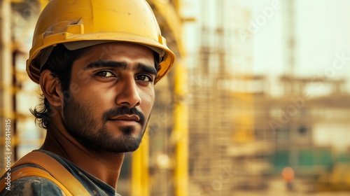 Young construction worker in hard hat focuses on task at a busy construction site during sunset, showcasing dedication and skill