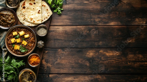 Flat lay of Indian lentil curry, paneer cheese, naan bread and spices on dark wooden background.