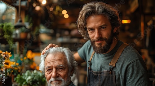 portrait of man combing hair of elderly father indoors at home