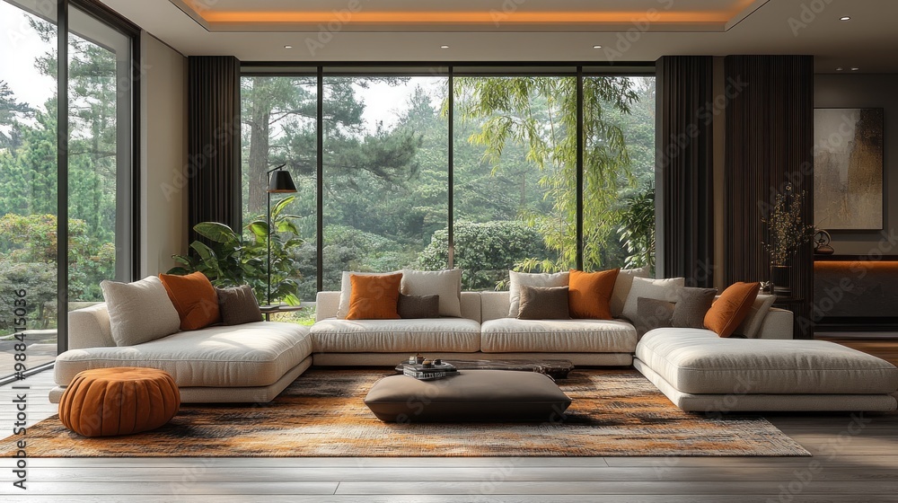 Modern living room with large windows and cozy seating arrangement. Modern living room with large windows and cozy seating arrangement.