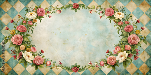Alice in Wonderland inspired watercolor floral frame on grunge diamond Victorian background, watercolor, floral