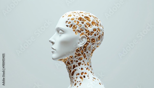 A creatively designed mannequin head with intricate patterns, blending art and fashion in a minimalist setting. photo