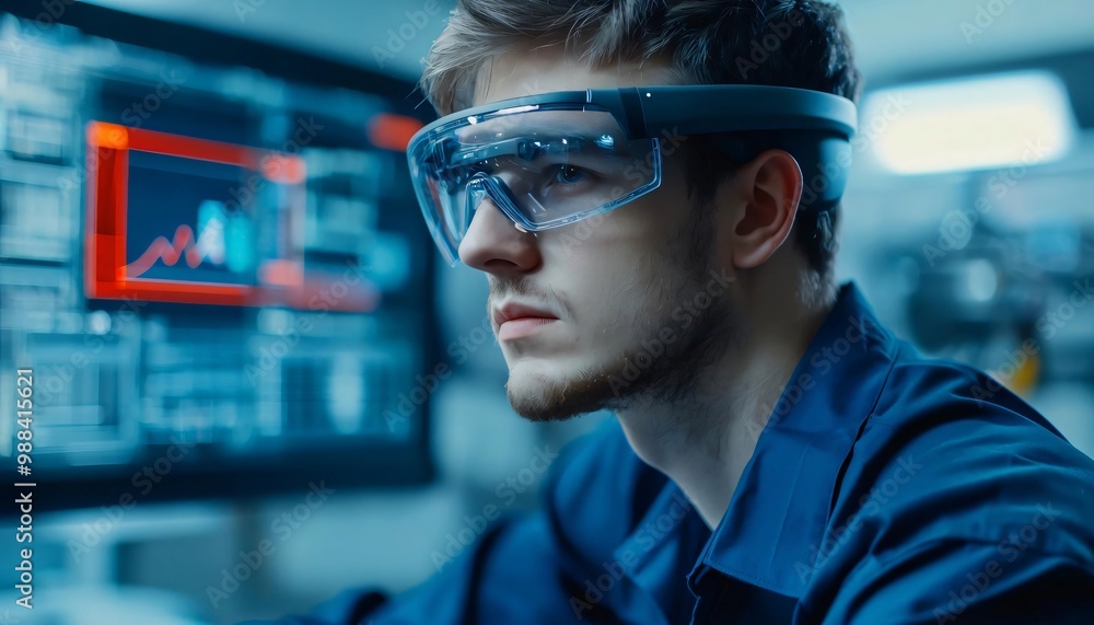 A focused individual wearing augmented reality glasses while analyzing data on a futuristic interface. A focused individual wearing augmented reality glasses while analyzing data on a futuristic interface.