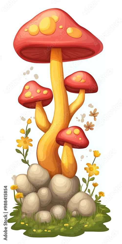 Cartoon Illustration of Red and Yellow Mushrooms Growing on Rocks Cartoon Illustration of Red and Yellow Mushrooms Growing on Rocks