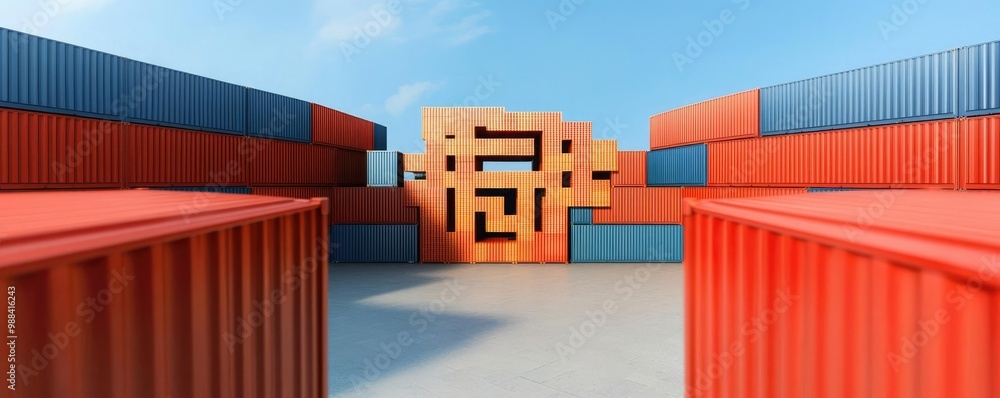 Fototapeta premium Colorful shipping containers create a vibrant industrial landscape under a clear blue sky.