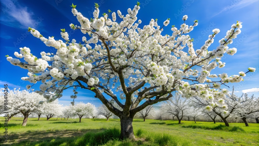 Spring flowering of fruit trees. Photo of beautiful white flowers on a tree in early spring against a blue sky background Spring flowering of fruit trees. Photo of beautiful white flowers on a tree in early spring against a blue sky background