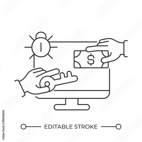 Online transaction vulnerability linear icon. Cybersecurity problem. Data breach. Hacking attempt concept. Thin line illustration. Contour symbol. Vector outline drawing. Editable stroke