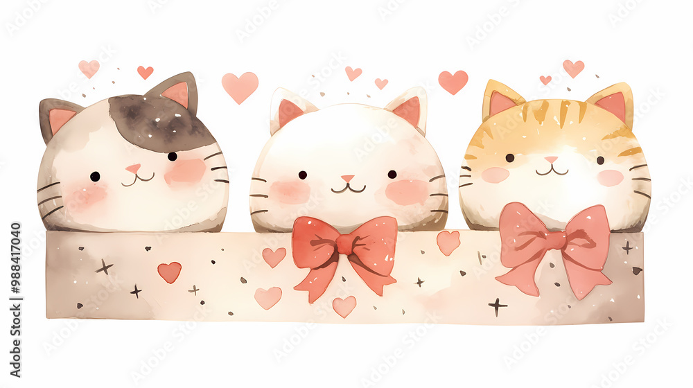 Three adorable cartoon cats with pink bows and hearts. Three adorable cartoon cats with pink bows and hearts.