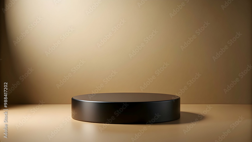 Minimal modern display with black circular pedestal on beige background , modern, minimal, display, black Minimal modern display with black circular pedestal on beige background , modern, minimal, display, black