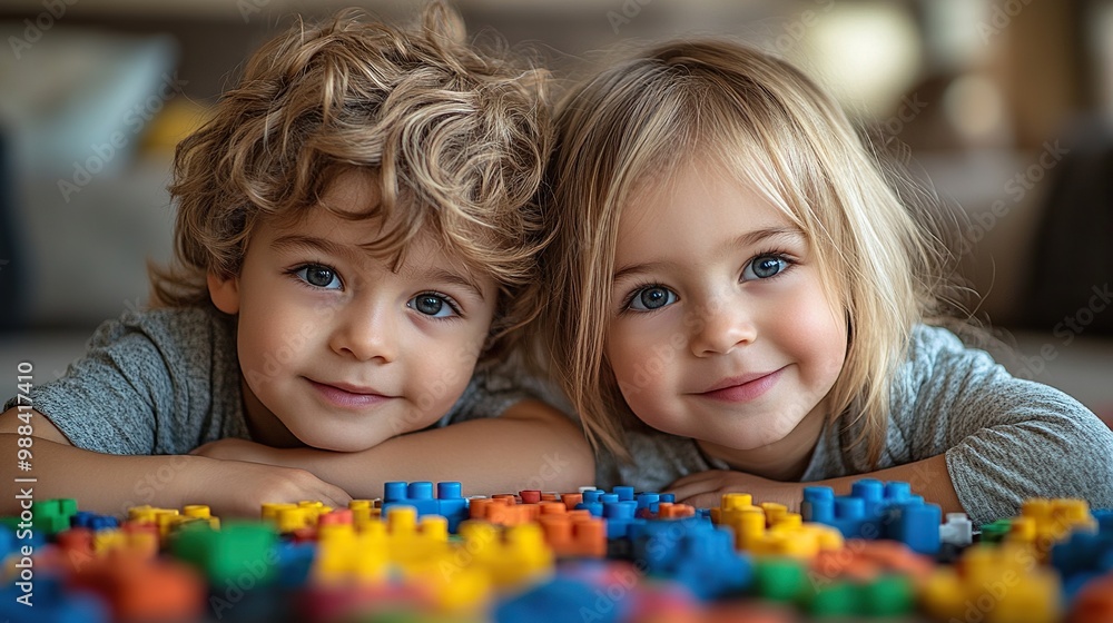 portrait of small boy, girl playing indoors at home portrait of small boy, girl playing indoors at home