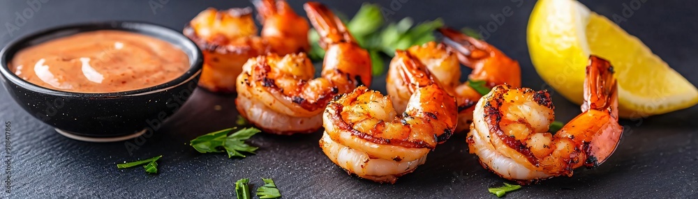 Delicious grilled shrimp served with a tangy sauce and fresh lemon, perfect for any seafood lover's plate.