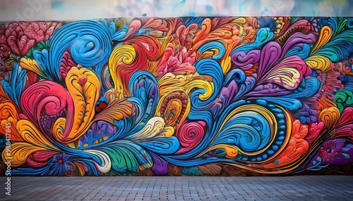 A vibrant mural featuring intricate patterns and bold colors, showcasing artistic creativity and adding energy to the urban landscape.