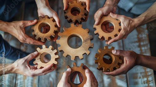 Business people or office workers hold wooden gears that symbolize well-coordinated teamwork. Top view close up of hands of multiracial men and women standing in circle. Concept