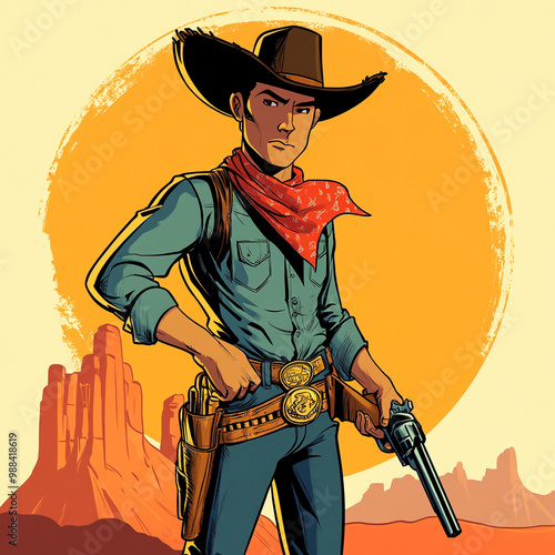 illustration of a cowboy with gun, comic style