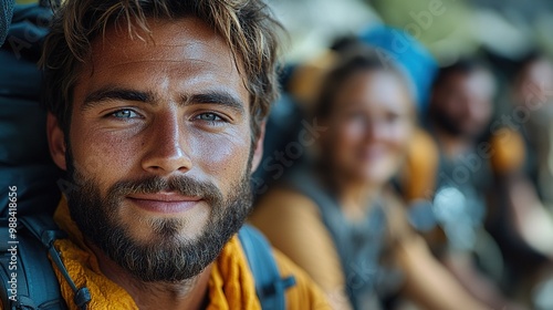 portrait of young man with friends at background on hiking or camping trip in the mountains in summer