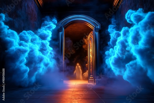 Haunted mansion doorway, with eerie fog and ghostly figures emerging from the dark interior photo