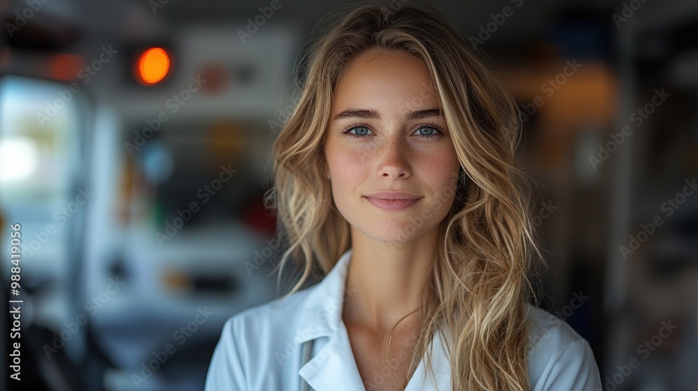 portrait of young woman doctor standing in front of ambulance car