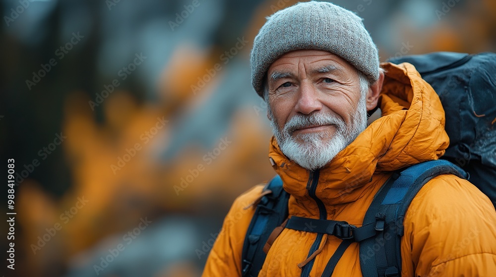 potrait of active senior man hiking in autumn mountains potrait of active senior man hiking in autumn mountains