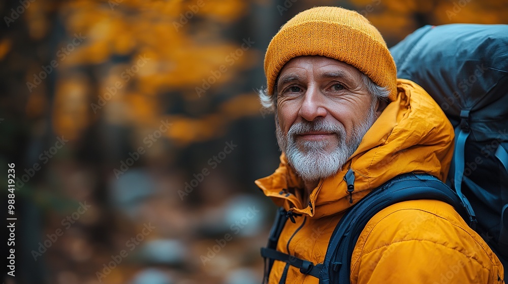 potrait of active senior man hiking in autumn mountains potrait of active senior man hiking in autumn mountains